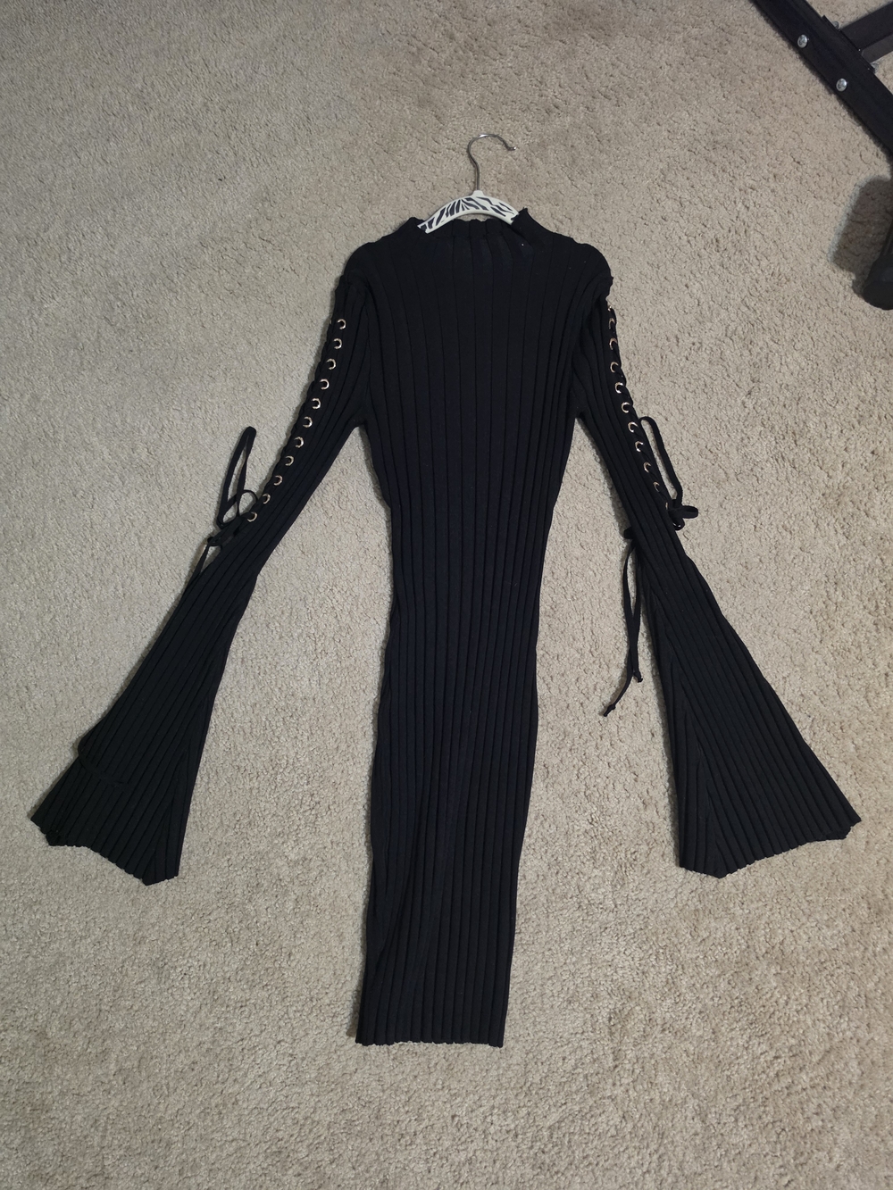 Fashion Nova Black Ribbed Lace-Up Bell Sleeve Midi Dress
